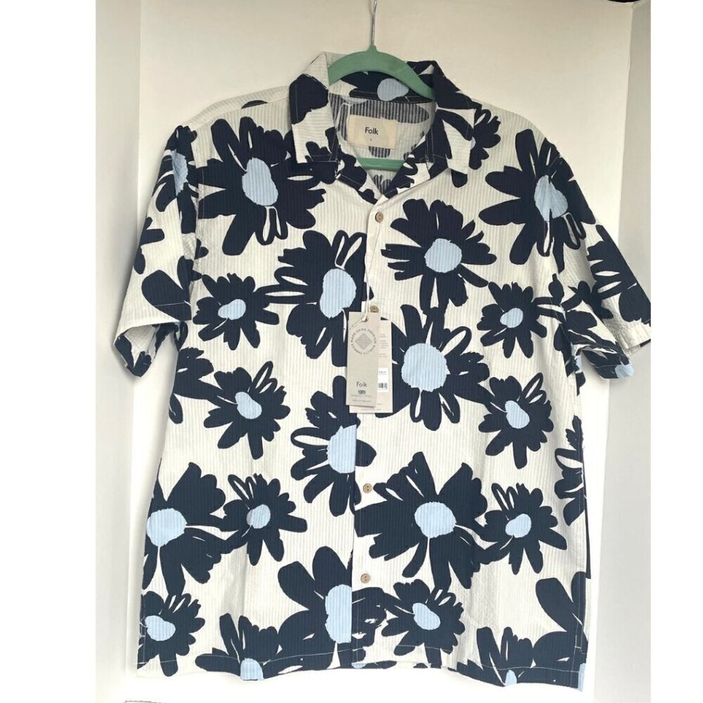 Folk Clothing Shirt Mens Large Blue Ivory Floral Cotton Camp Short Sleeve